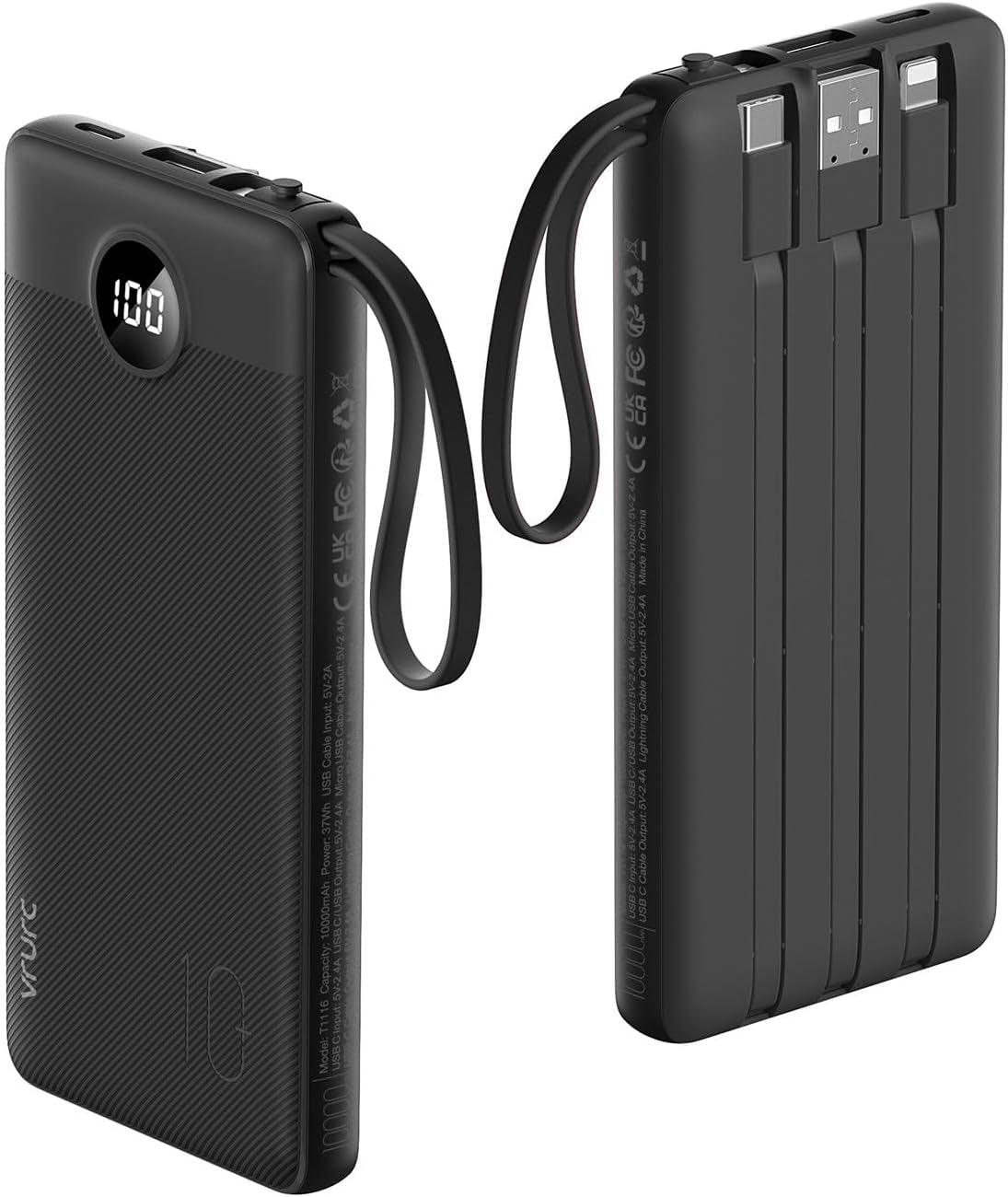 10000Mah Power Bank with Built-In 4 Cables, Slim Portable Charger USB C External Cell Phone Battery Pack with 5 Outputs & 2 Inputs, LED Display Compatible with Iphone Samsung Android Etc- Black