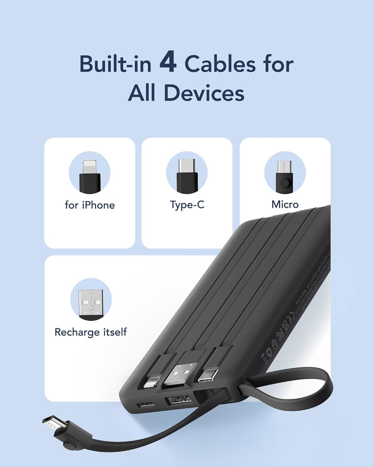 10000Mah Power Bank with Built-In 4 Cables, Slim Portable Charger USB C External Cell Phone Battery Pack with 5 Outputs & 2 Inputs, LED Display Compatible with Iphone Samsung Android Etc- Black