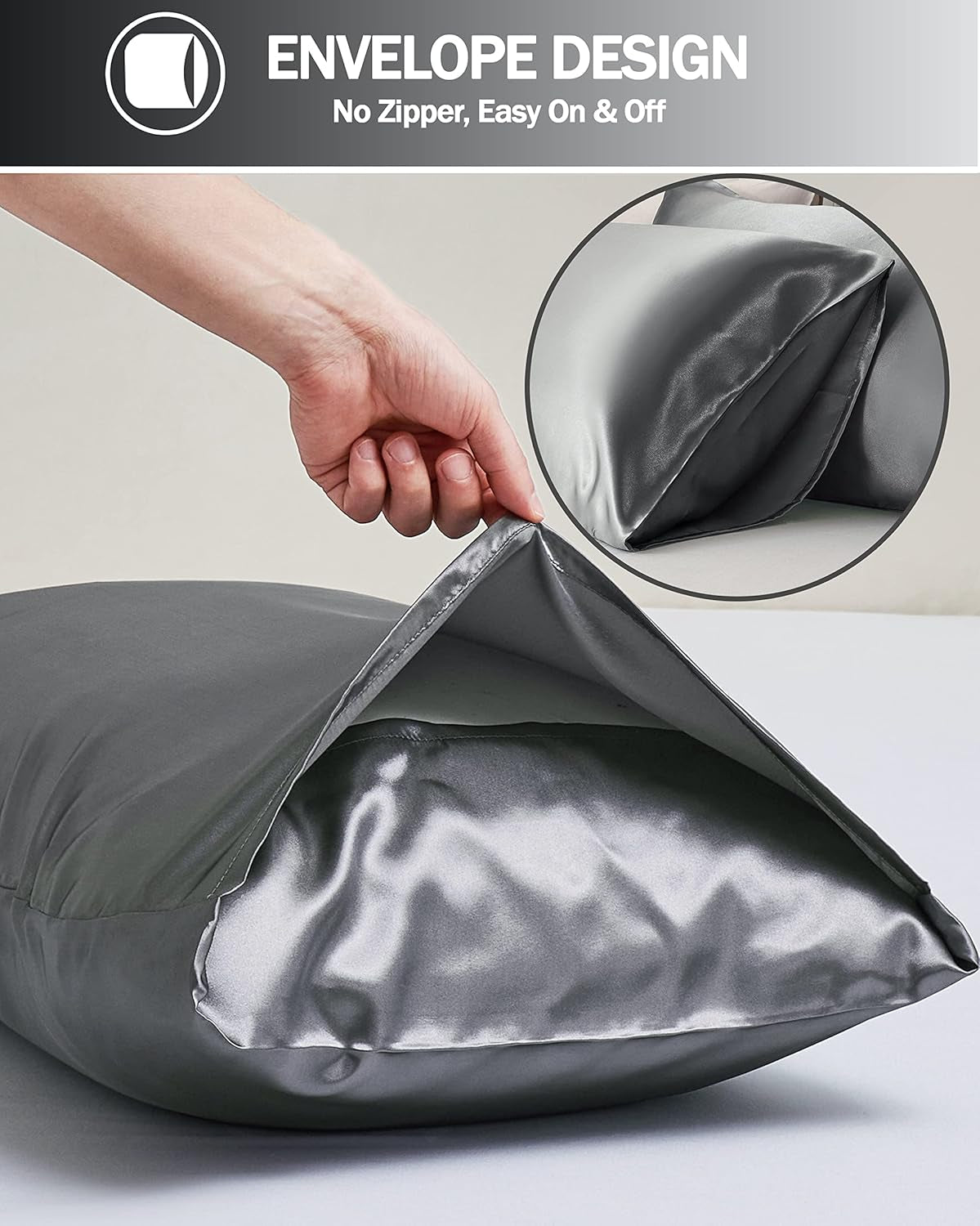 Satin Pillow Cases 2 Pack, Pillowcase for Hair and Skin Luxury Soft Breathable Standard Size with Envelope Closure, 50 X 75 Cm (Dark Grey)