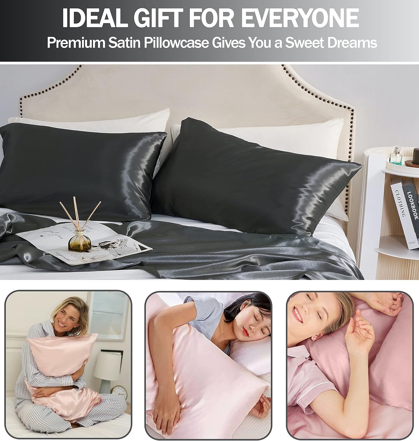 Satin Pillow Cases 2 Pack, Pillowcase for Hair and Skin Luxury Soft Breathable Standard Size with Envelope Closure, 50 X 75 Cm (Dark Grey)