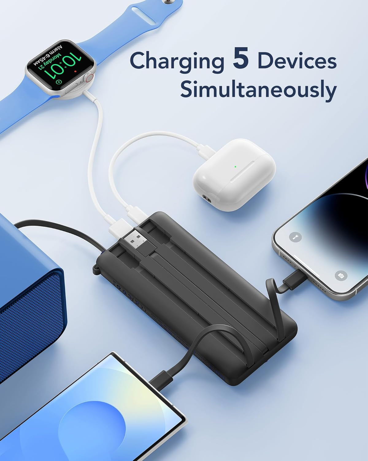 10000Mah Power Bank with Built-In 4 Cables, Slim Portable Charger USB C External Cell Phone Battery Pack with 5 Outputs & 2 Inputs, LED Display Compatible with Iphone Samsung Android Etc- Black