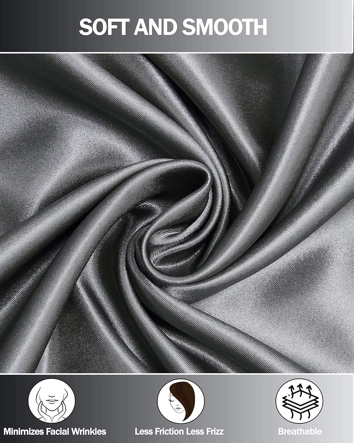 Satin Pillow Cases 2 Pack, Pillowcase for Hair and Skin Luxury Soft Breathable Standard Size with Envelope Closure, 50 X 75 Cm (Dark Grey)