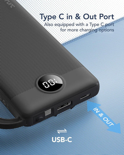 10000Mah Power Bank with Built-In 4 Cables, Slim Portable Charger USB C External Cell Phone Battery Pack with 5 Outputs & 2 Inputs, LED Display Compatible with Iphone Samsung Android Etc- Black