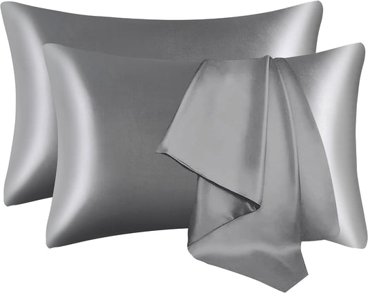 Satin Pillow Cases 2 Pack,  Pillowcase for Hair and Skin Luxury Soft Breathable Standard Size with Envelope Closure, 50 X 75 Cm (Dark Grey)